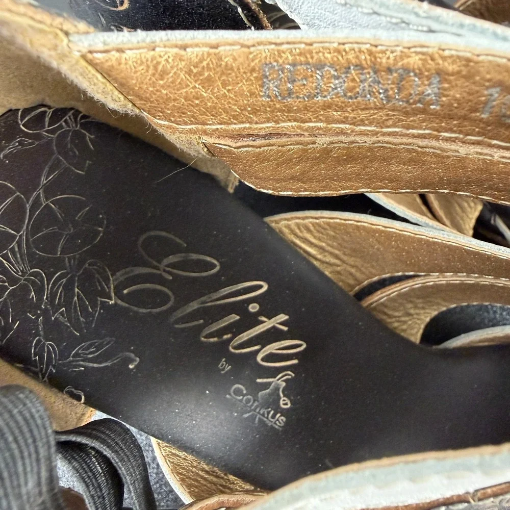 Elite by Corkys Wedge Sandals Women's 10 Black White Tooled Leather Career Dress